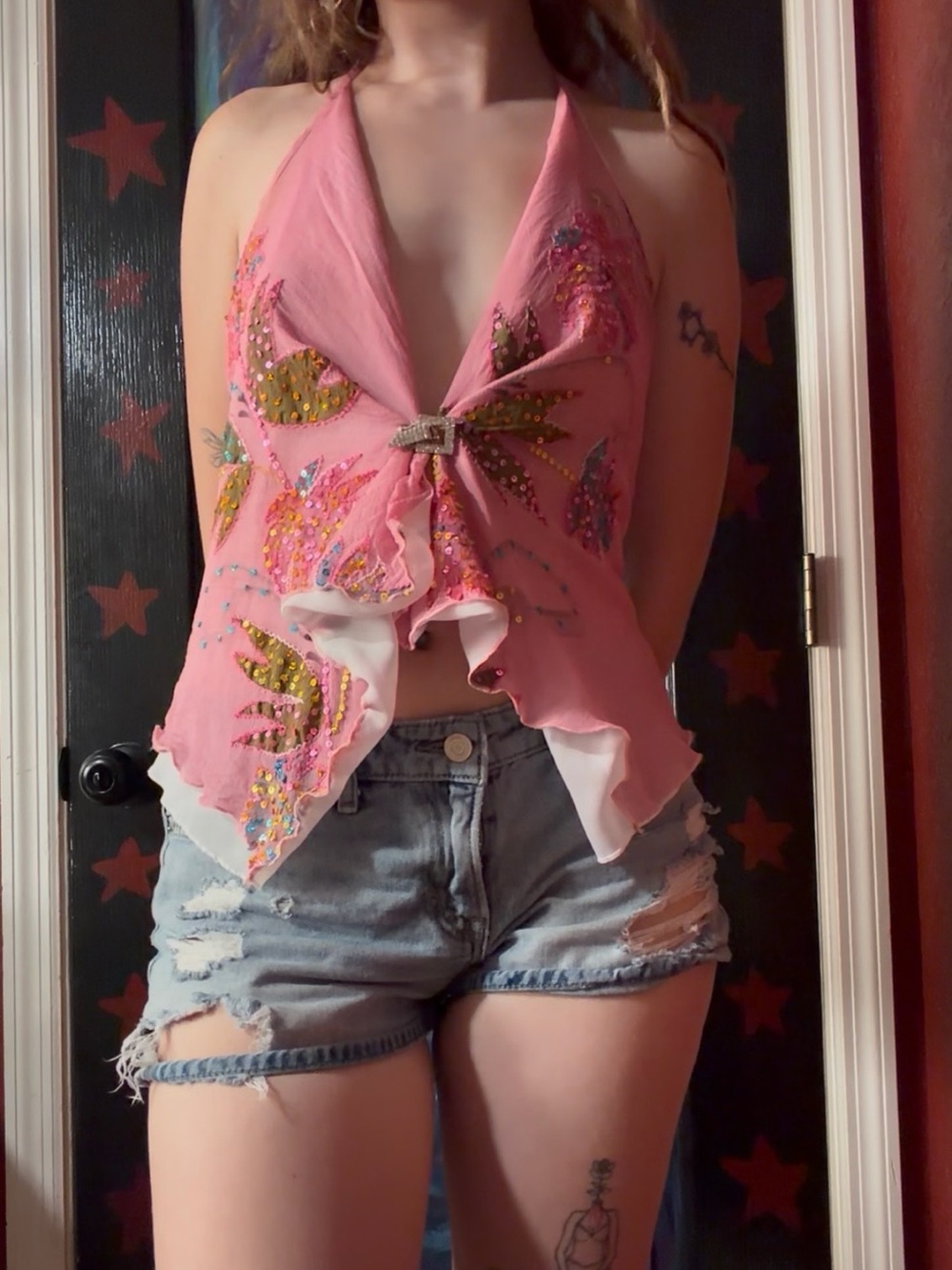 Pink silk Y2K Embellished Halter Tie-Front Top